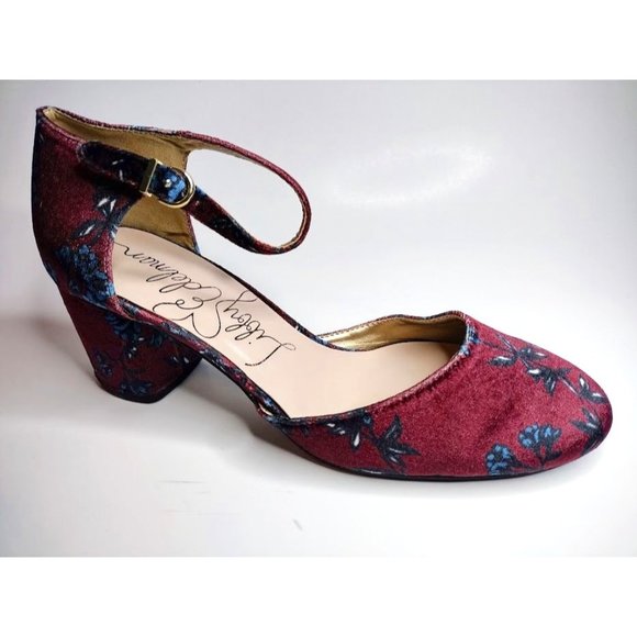 New Libby Edelman Burgundy Blue Flowers Velour Fabric Sandal Shoes - Picture 1 of 5